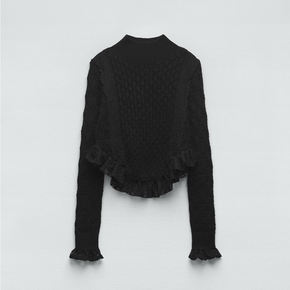 Zara Black Knit Lace Sweater Lace Ruffles
Rounded Hem High Neck US S 4 - 6